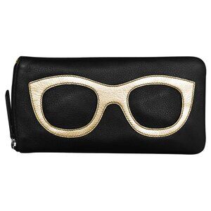 ILI New York Leather Eyeglass Case Zippered Glasses Wallet Black Light Gold NEW